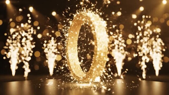 A glittering golden ring explodes with sparks and bokeh lights