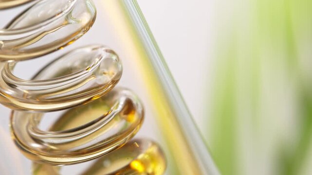 Getting natural oil from natural substances and flowers. Yellow oil flows in a spiral. Super slow motion filmed on high speed cinematic camera.