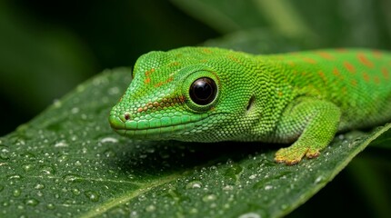 Fototapeta premium Green day gecko macro close up with detailed scales and eye contact tropical reptile portrait