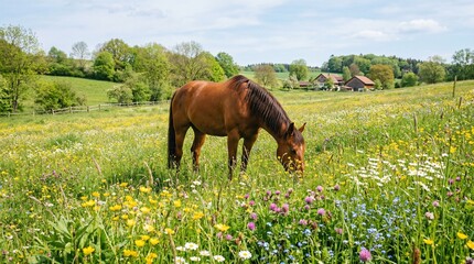 Brown horse grazing in a vibrant wildflower meadow under a clear blue sky © Muhammad