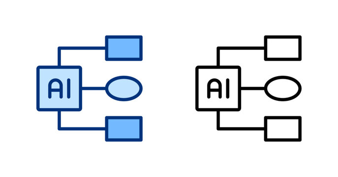 AI Flowchart structure solid, thin line icon set. Workflow, Data Process Automation, Digital Technology, Artificial Intelligence concept. Blue, black outline vector icons collection.