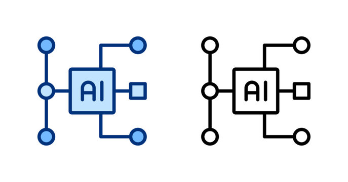 AI Flowchart structure solid, thin line icon set. Workflow, Data Process Automation, Digital Technology, Artificial Intelligence concept. Blue, black outline vector icons collection.