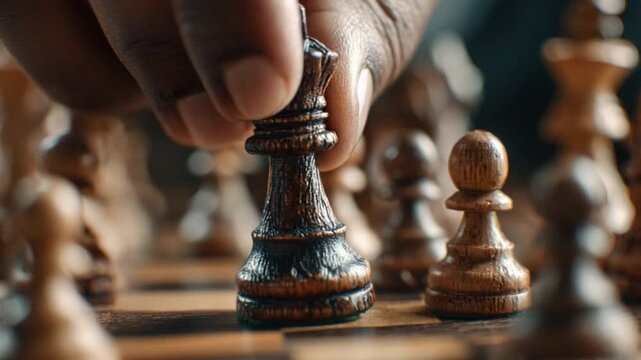 Chess Move: Strategic hand placing the king chess piece on the chessboard, symbolizing power, intellect, and strategic planning.