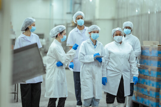 Multinational factory workers stand together in canned fish production facility reviewing workflow and discussing operations. Show Quality control, teamwork and efficient food manufacturing process.