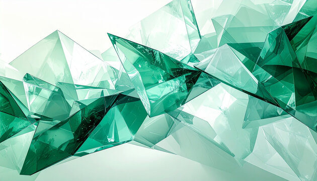 幾何学的なエメラルドグリーンのクリスタルが重なり合う抽象的な3D背景素材