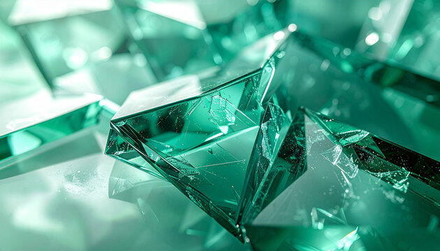 内部に繊細なクラックが入ったエメラルドグリーンの幾何学的なクリスタル抽象背景