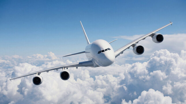 Wide body white airplane Airbus A380 passenger jet soaring through white clouds and blue sky with front perspective for modern air travel and global aviation industry professional stock photo