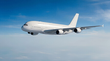 Obraz premium Close up of White airplane Airbus A380 commercial jetliner in flight above soft white clouds under a clear blue sky ideal for airline banners travel posters and aviation industry media