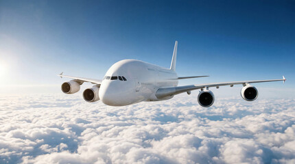 Fototapeta premium Majestic White airplane Airbus A380 giant passenger aircraft soaring through the atmosphere over a thick carpet of clouds with copy space for travel agency advertising and aviation themes