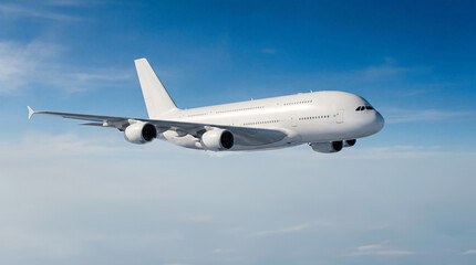 Obraz premium Side view of White airplane Airbus A380 double decker jet flying in the bright blue sky above fluffy clouds perfect for airline branding and international travel marketing promotion materials