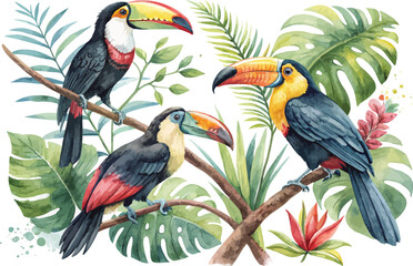 Fototapeta premium Watercolor Toucan Illustration, Tropical Bird Clipart, isolated on white background