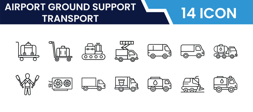 Outline Airport Ground Support Transport Icon Set in Line Art Style for Baggage Handling, Tow Tractor, Fuel Truck, Service Vehicles, Runway Equipment, and Digital Interface Design