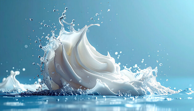 青い背景で水しぶきとミルクのクリームがダイナミックに衝突し混ざり合う、フレッシュな抽象的スプラッシュイメージ