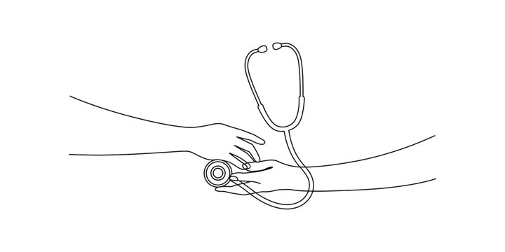 Continuous line drawing of two hands with a stethoscope symbolising medical care and support