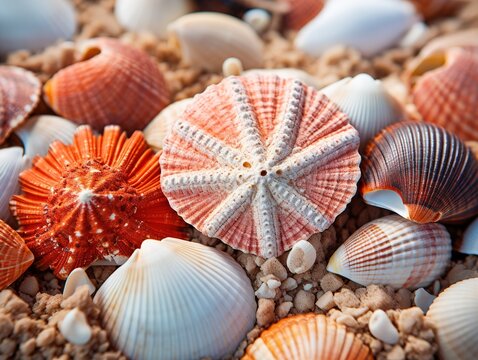 Assorted Seashells on Sandy Beach Close-Up