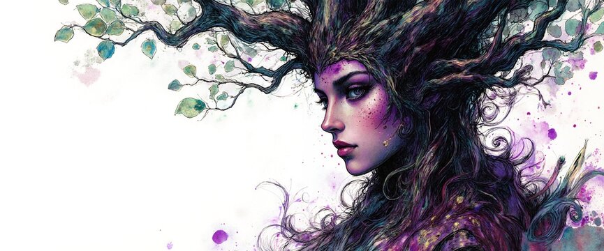 Fantasy portrait of woman with tree growing out of head