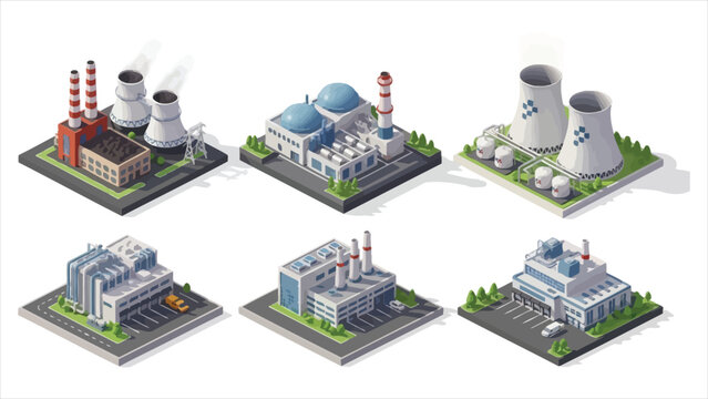 Isometric collection of industrial factories on a clean background. Vector illustration
