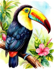 Obraz premium A toucan perched on a branch among foliage and flowers. Watercolor illustration of a bird portrait