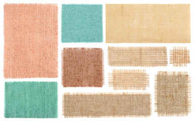 Fototapeta premium Pieces of natural burlap fabric in different colors on white background, set