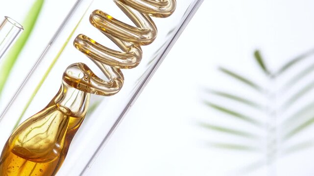 Getting natural oil from natural substances and flowers. Yellow oil flows in a spiral. Super slow motion filmed on high speed cinematic camera.
