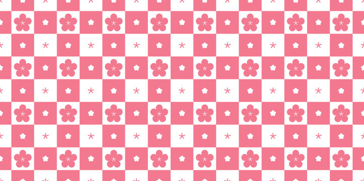 Pink and Red Floral Checkerboard Pattern - Groovy Y2K Aesthetic Seamless Flower Grid Vector