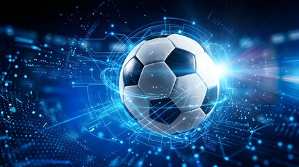 Fototapeta premium Digital soccer ball with futuristic blue technology background