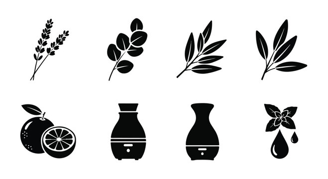 Aromatherapy and essential oils icon set, 8 black vector silhouettes of lavender, eucalyptus, citrus and diffusers for spa and wellness branding