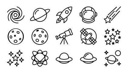 Galaxy and Space Line Icons Set – Planets, Rocket, Astronaut, Stars and Astronomy Outline Collection © Mediasegment