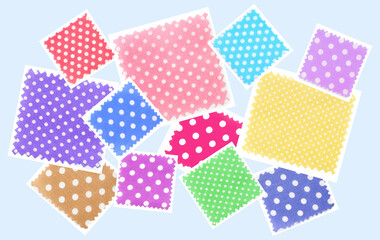 Fototapeta premium Fabric swatches with polka dots on color background, collection