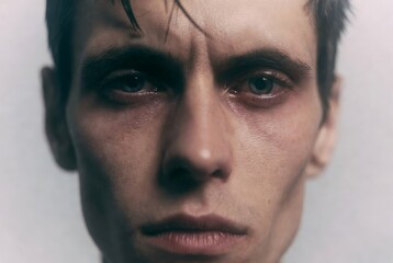 Obraz premium Close Up Portrait of Emotional Man with Tearful Eyes