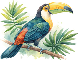 Fototapeta premium Watercolor Toucan Illustration, Tropical Bird Clipart, isolated on white background