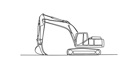 Continuous line drawing of a heavy duty excavator machine for construction work on white background © Badhon_Art Gallery