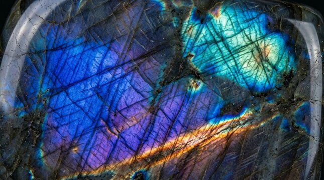 Macro Shot Of Polished Labradorite Gemstone With Iridescent Blue Purple And Gold Labradorescence Flash Patterns