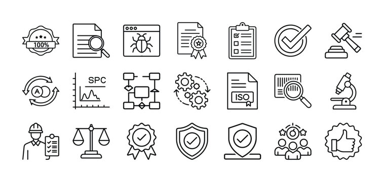 Quality Control Assurance and Engineering icons depicting various elements of control