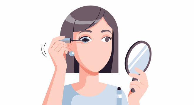 Young Woman Applying Mascara to Eyelashes with Mirror.