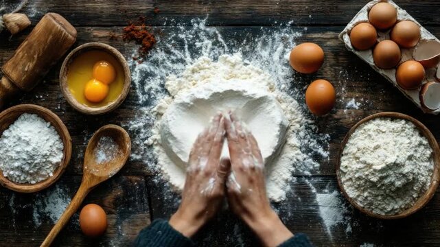 Artisan Baking Process: Close-up of hands kneading flour, showcasing the rustic charm of the baking process with ingredients artfully arranged on a wooden surface.