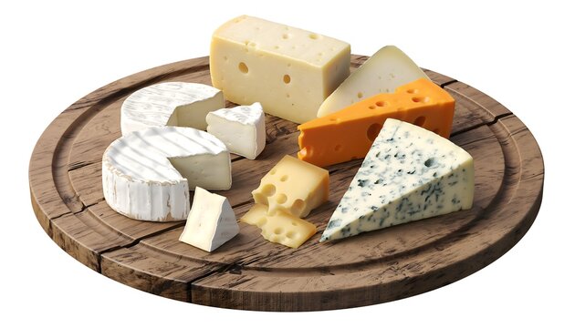 Variety of cheeses on wooden board: swiss brie and blue cheese selection