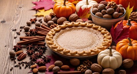 Fototapeta premium Warm autumn pie surrounded by pumpkins and nuts, a festive thanksgiving background with copy space.