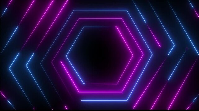 Neon laser lines motion graphic on blue and pink color animation. Abstract futuristic light rays hexagon on black background. Seamless looping video animation