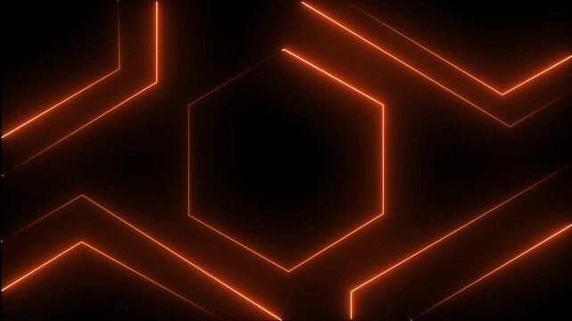 Orange color neon hexagon line on black background.  Seamless loop animation video, 4k 