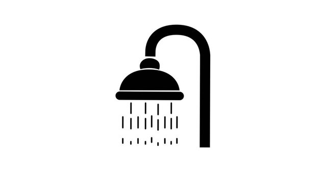 Animated flat design icon of a black shower head with flowing water drops