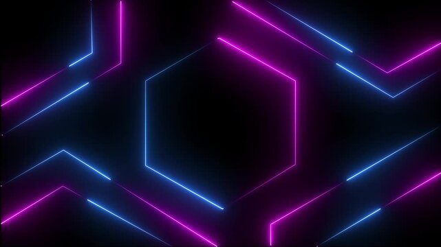 Blue and violet color neon hexagon line on black background.  Seamless loop animation video