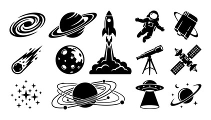Galaxy Silhouette Icons Set – Planets, Rocket Launch, Astronaut, UFO and Space Exploration Collection © Mediasegment