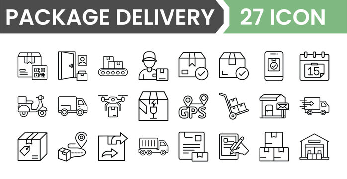 Package Delivery 27 Icon Set, comprehensive logistics and shipping vector collection, modern outline style for e-commerce and transportation design, isolated on white.