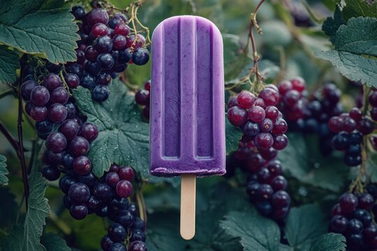 Purple popsicle on dark grape background. Berry ice cream on a dark purple background