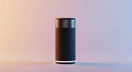 Fototapeta premium Modern black smart speaker with metallic accents on a pastel background