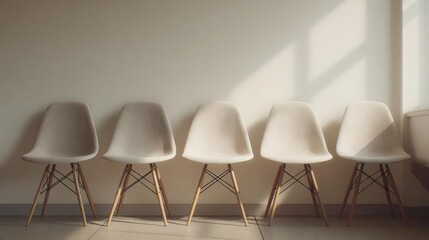 Obraz premium Row of five white chairs arranged in a row against a plain white wall. the chairs have a modern design with a curved backrest and wooden legs.