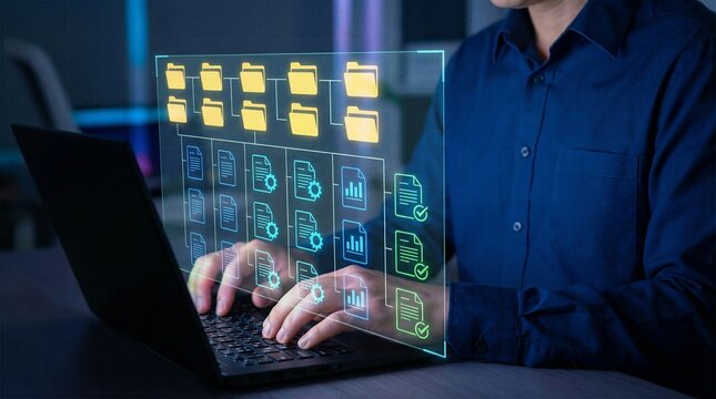 Programmer working on notebook PC with holographic interface displaying organized folders and digital files representing automated data archiving and workflow tracking.
