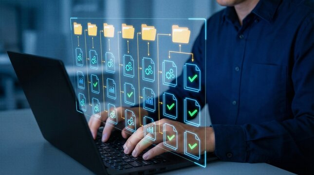 Professional typing on laptop with glowing virtual filing system hologram showing approved document workflows and automated data management infrastructure.