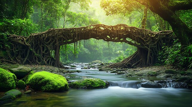Living Root Bridge Over a Serene Flowing River in a Lush Forest